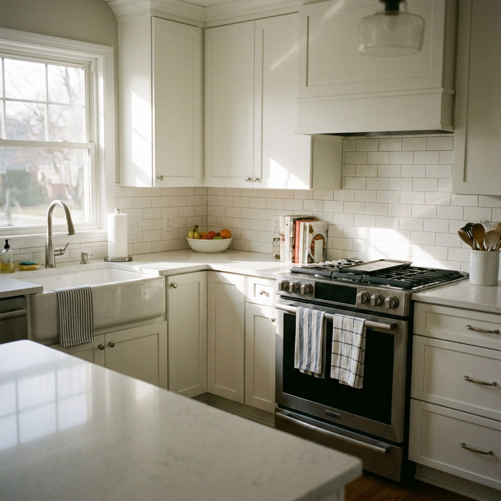 Remodeled kitchen with white shaker cabinets and subway tile