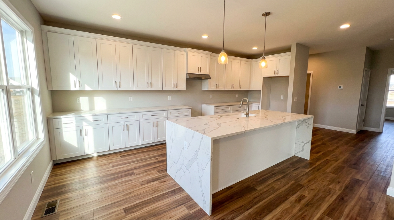 Newly remodeled kitchen with quartz island